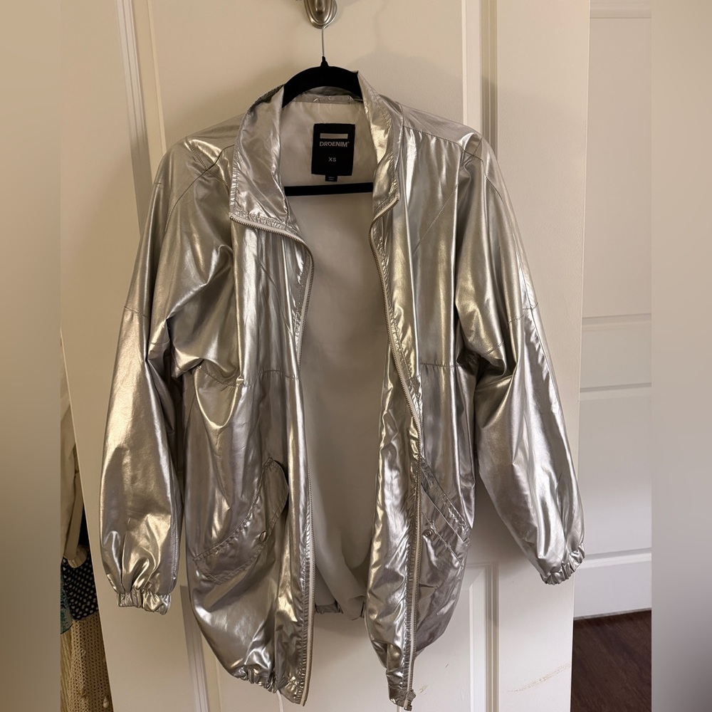 Metallic Silver Oversized Bomber Jacket